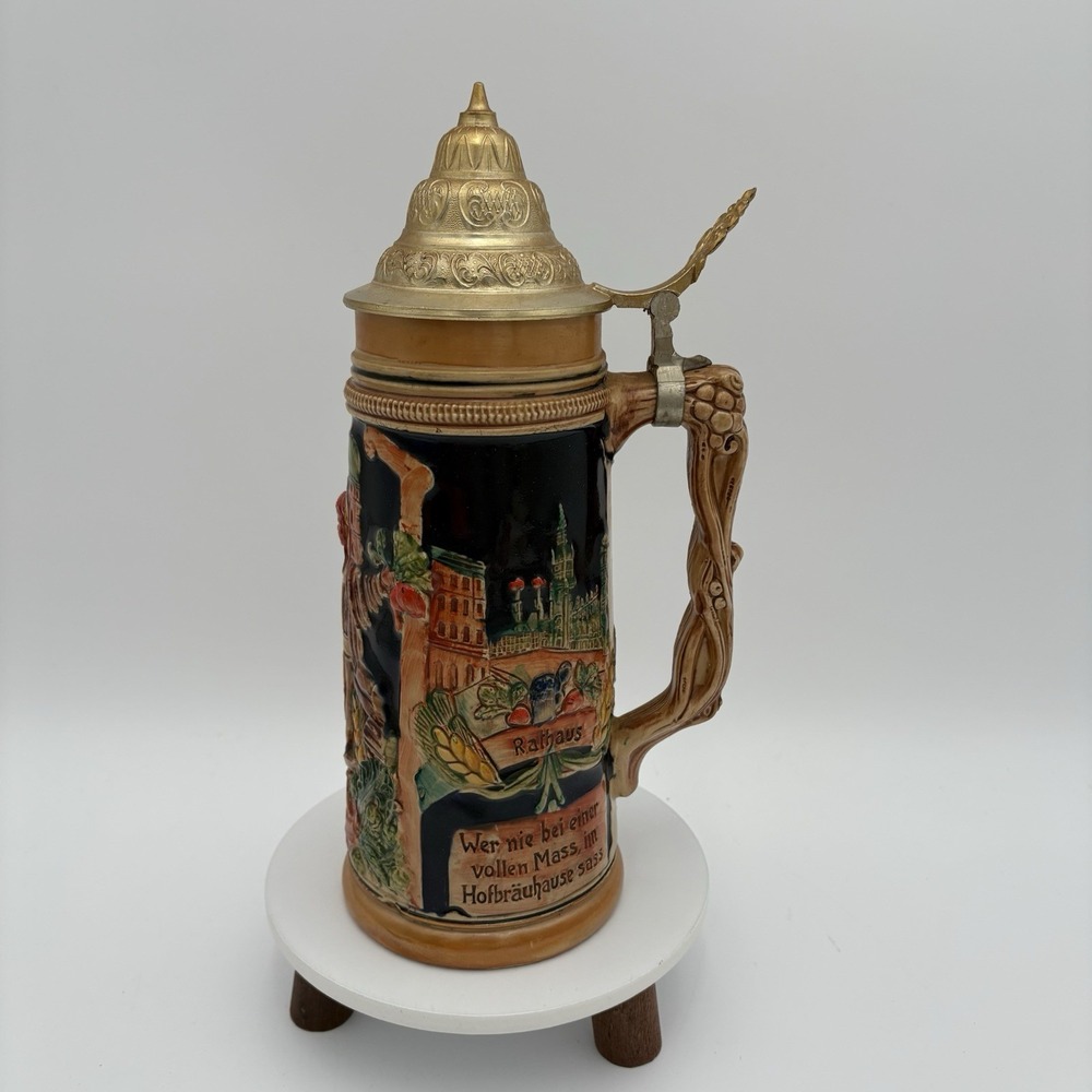 Vintage German Beer Stein Mug Pewter Lid Embossed Ceramic Stamped‎ DBGM 9"